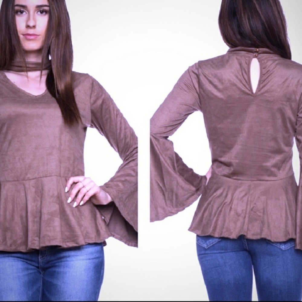 Mocha bell sleeve peplum suede like top